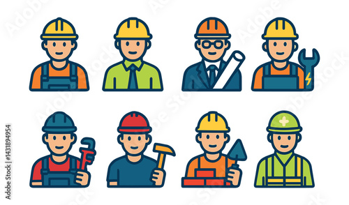 Flat vector icons of jobsite workers: construction worker, site supervisor, architect, electrician, plumber, roofer, mason, safety officer.