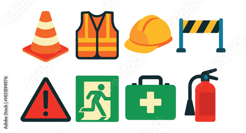 Flat vector icons of construction safety: warning cone, safety vest, hard hat, caution tape, danger sign, emergency exit, first aid box, fire extinguisher.