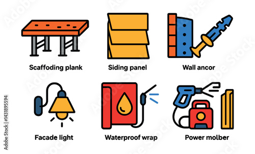 Flat vector icons of exterior construction: scaffolding plank, siding panel, exterior insulation, wall anchor, facade light, waterproof wrap, power washer, trim molding.