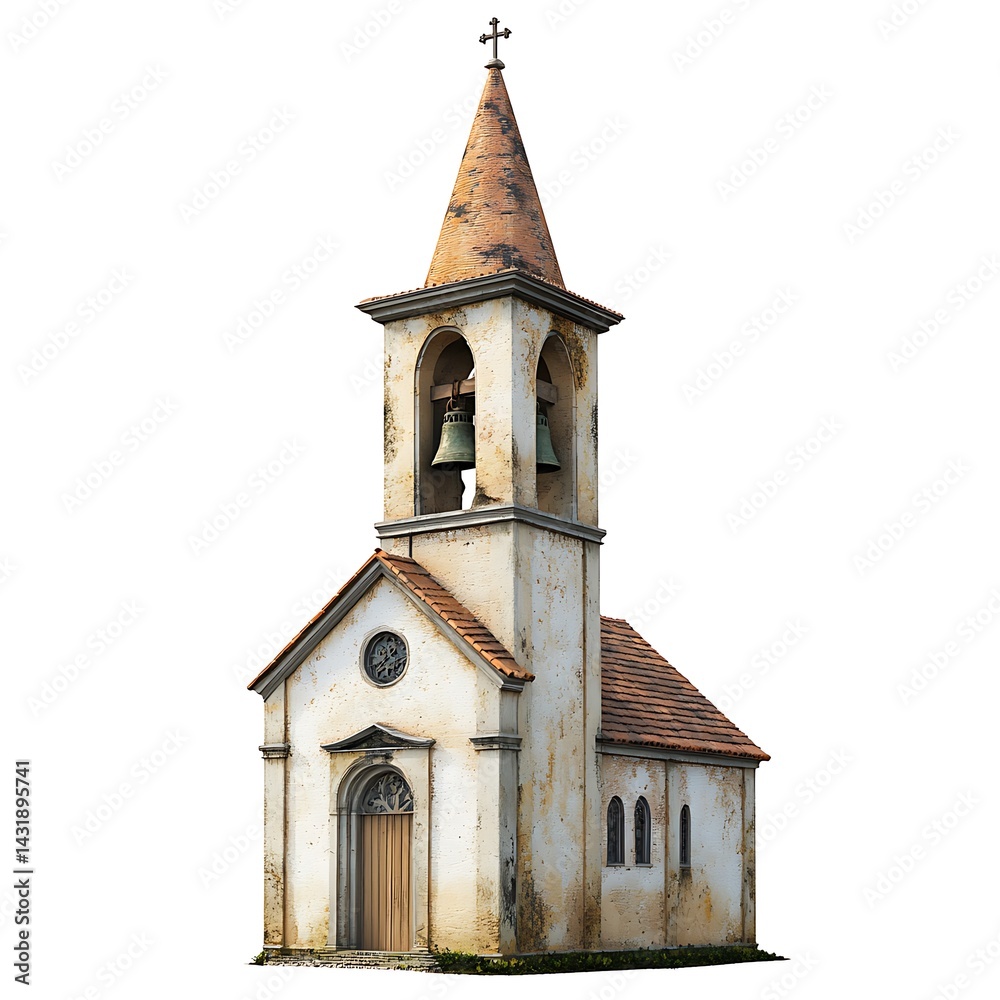 Fototapeta premium Church with Tall Bell Tower Isolated on White Background