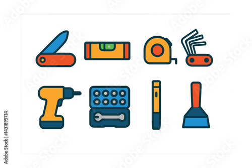 Flat vector icons of compact tools: folding knife, pocket level, mini tape measure, hex key set, compact drill, socket set, penlight, mini scraper.