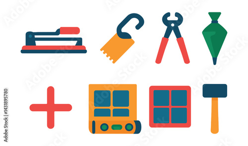 Flat vector icons of tile installation: tile cutter, notched trowel, tile nipper, grout bag, spacer cross, level ruler, tile mat, rubber mallet.