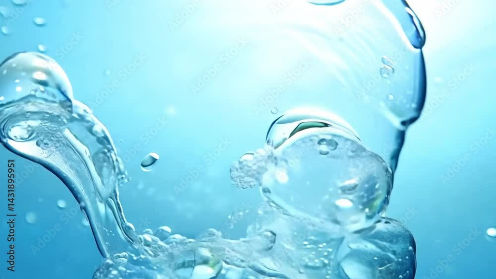 Water droplet falling slowly into calm blue water in a close-up shot