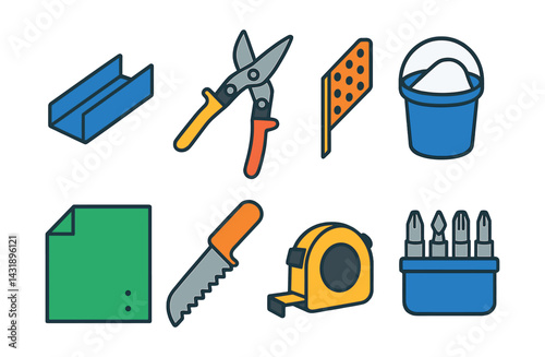 Flat vector icons of drywall tools: drywall profile, tin snips, corner bead, putty bucket, drywall sheet, drywall saw, tape measure, bit set.