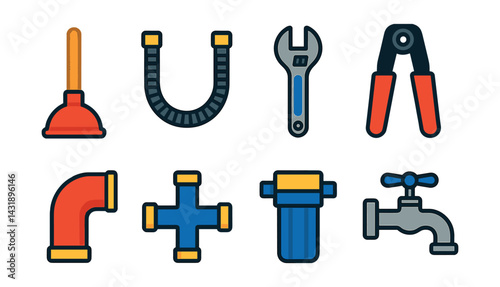 Flat vector icons of plumbing tools: plunger, flexible hose, plumbing spanner, press fitting tool, elbow fitting, pipe cross, water filter, faucet.