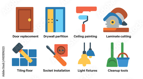 Flat vector icons of apartment renovation: door replacement, drywall partition, ceiling painting, laminate cutting, tiling floor, socket installation, light fixtures, cleanup tools.