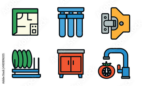Flat vector icons of kitchen renovation: kitchen plan, water filter, oven unit, cabinet hinge, dish rack, island unit, kitchen timer, mixer tap.
