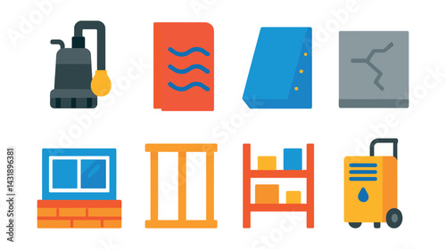 Flat vector icons of basement renovation: sump pump, moisture barrier, insulation board, concrete floor, basement window, wall framing, storage shelving, dehumidifier.