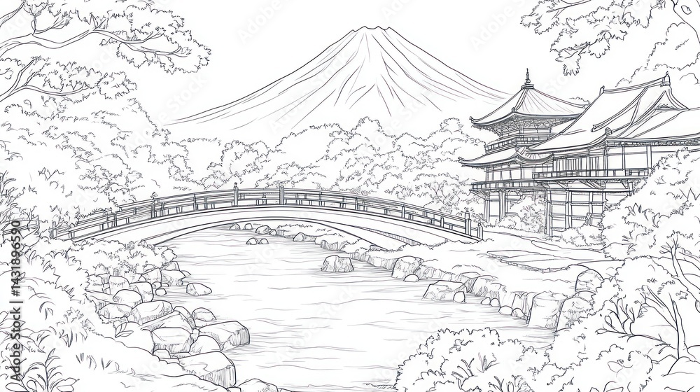 Japanese temple, mountain view, bridge, river, serene landscape, coloring page Japanese temple, mountain view, bridge, river, serene landscape, coloring page