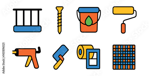Flat vector icons of facade renovation: balcony railing, wall anchor, primer bucket, paint roller, sealant gun, corner trowel, window tape, facade netting.