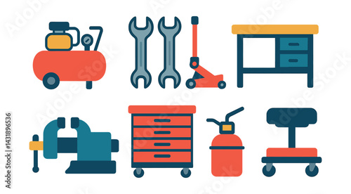 Set of tools and equipment, including a wrench, a jack, a compressor, a drill