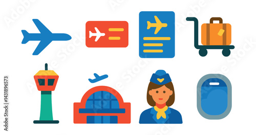Flat vector icons of air travel: airplane, boarding pass, flight schedule, luggage cart, control tower, airport terminal, flight attendant, airplane window.