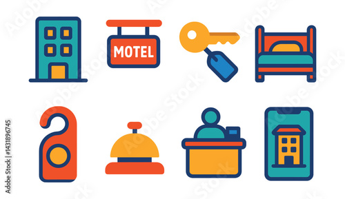 Flat vector icons of accommodations: hotel building, motel sign, room key, bed, do not disturb sign, concierge bell, reception desk, hotel booking app.