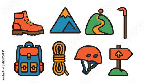 Flat vector icons of mountain adventures: hiking boots, mountain peak, hiking trail, walking stick, backpack, rope, climbing helmet, elevation sign.