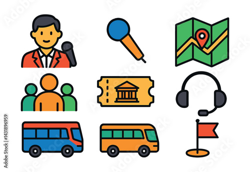 Flat vector icons of guided tours: tour guide, microphone, group of tourists, city map, museum ticket, headset, tour bus, flag marker.