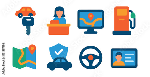 Flat vector icons of car rentals and transport: car key, rental desk, GPS in car, fuel pump, road map, car insurance, steering wheel, driver ID.