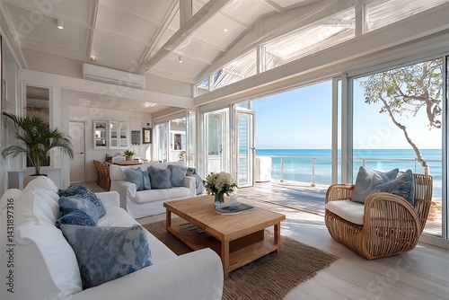 Bright and airy beach house living room with white decor, rattan furniture, and sliding glass doors opening to an ocean view, creating a breezy, open feel.