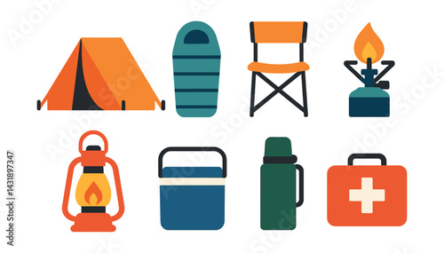 Flat vector icons of camping gear: tent, sleeping bag, folding chair, portable stove, lantern, cooler box, thermos, first aid kit.