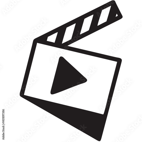 A bold film clapboard with a prominent play button, symbolizing the start of a captivating movie experience, in a simple black and white design.