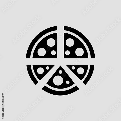 A delicious, perfectly sliced pizza ready to share, a simple black and white graphic design.