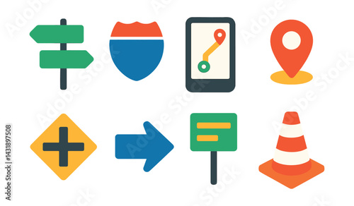 Flat vector icons of road directions: street sign, highway marker, GPS route, map pin, intersection sign, direction arrow, distance board, traffic cone.