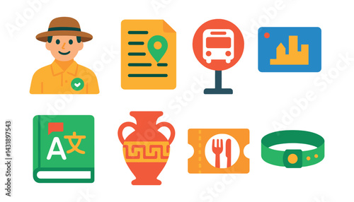 Flat vector icons of local tours: local guide, itinerary, bus stop, city pass, language translation book, souvenir, restaurant voucher, entrance wristband.