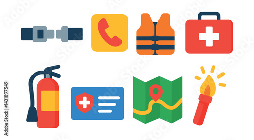 Flat vector icons of travel safety: seat belt, emergency phone, life jacket, first aid kit, fire extinguisher, travel insurance card, emergency map, signal flare.