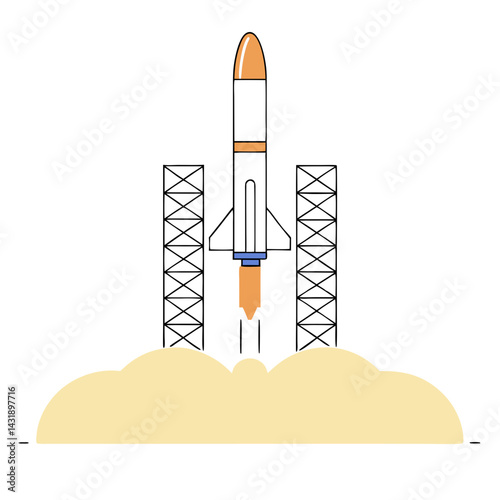 A powerful rocket bravely launching into the vast expanse of space, a symbol of ambition and exploration, depicted in a minimalist line art style with a pale yellow launchpad.