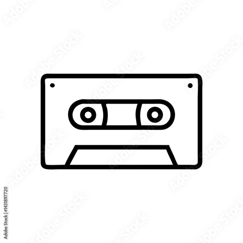 A nostalgic retro cassette tape, a symbol of 80s music and memories, bold black line art on a clean white background.