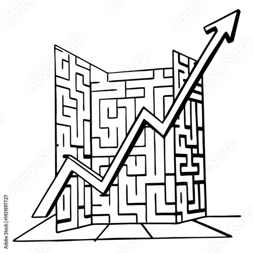 Maze structure with rising graph icon vector. Financial breakthrough analytics logo.