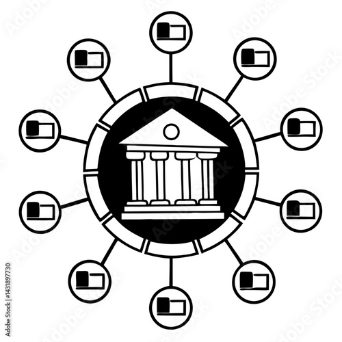 Bank building by tech nodes icon vector. Hybrid finance network logo.