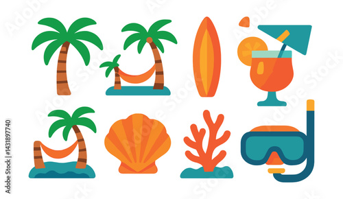 Flat vector icons of exotic destinations: palm tree, tropical island, hammock, surfboard, cocktail, seashell, coral reef, snorkeling mask.