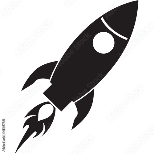 A powerful rocket soaring into the vast expanse of space, a symbol of ambition and limitless possibilities, depicted in bold black silhouette against a stark white background.