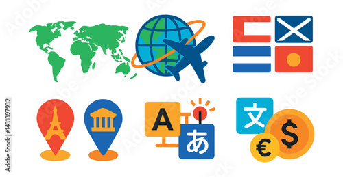 Flat vector icons of global travel: world map, globe, airplane routes, country flags, landmark pins, international time zones, multilingual signs, currency symbols.