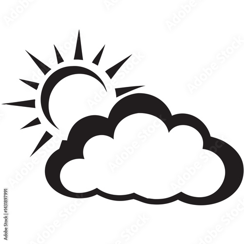 A sun peeking playfully from behind a fluffy cloud, a simple yet hopeful weather icon in bold black silhouette.