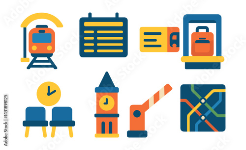 Flat vector icons of train station travel: train platform, schedule board, train ticket, luggage scanner, waiting area, clock tower, barrier gate, railway map.