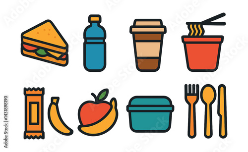 Flat vector icons of travel food and snacks: sandwich, water bottle, coffee cup, instant noodles, snack bar, fruit, reusable container, utensils set.
