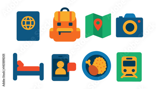 Flat vector icons of solo travel: passport, backpack, map, camera, single bed, travel blog app, local cuisine, transportation card.
