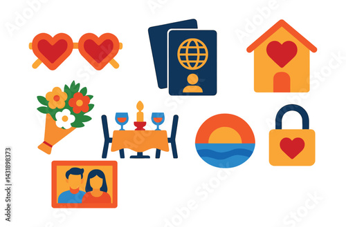 Flat vector icons of romantic getaways: heart-shaped glasses, couple's passport, honeymoon suite, candlelight dinner, flower bouquet, beach sunset, love lock, couple photo.