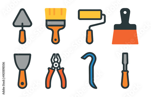 Flat vector icons of hand tools: trowel, paintbrush, roller, scraper, putty knife, pliers, crowbar, chisel.