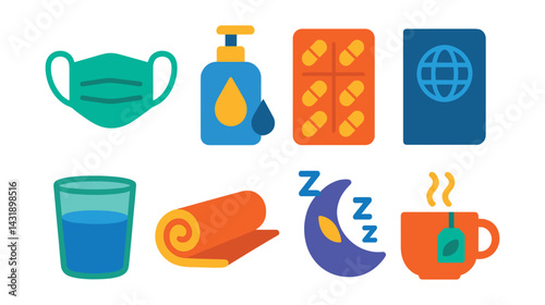 Flat vector icons of travel health and wellness: face mask, sanitizer, vitamin pack, health passport, clean water, travel yoga mat, sleep aid, herbal tea.