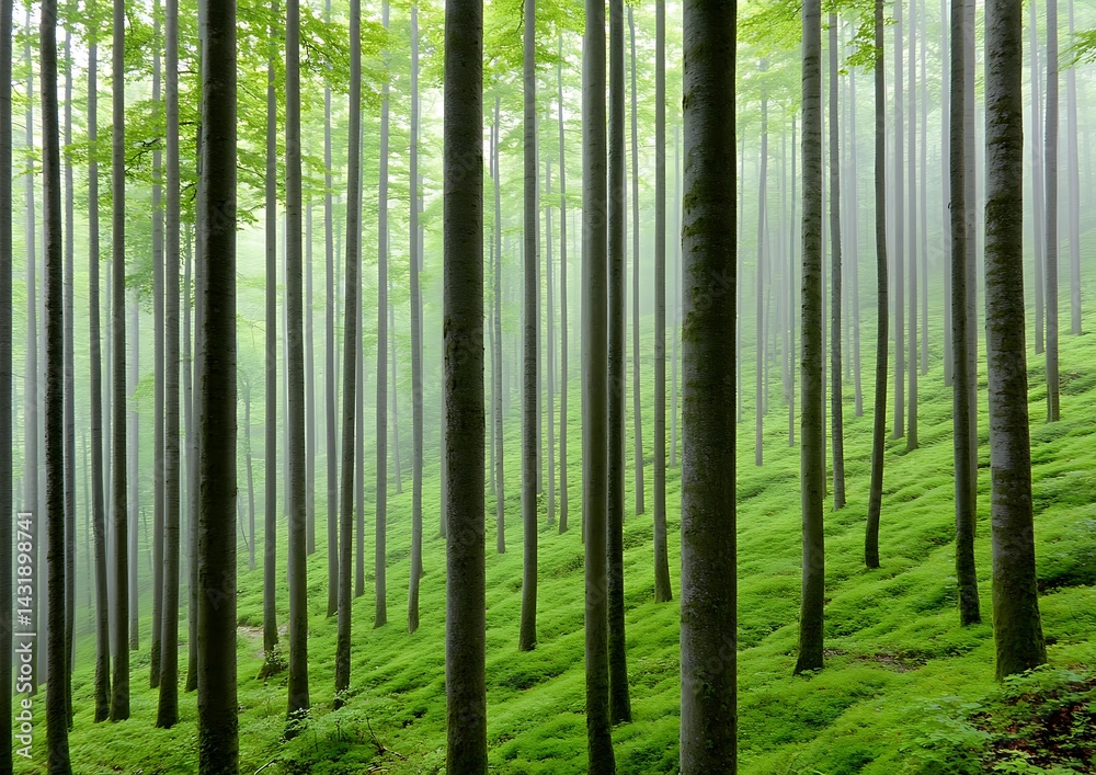 Naklejka premium A serene forest trunks stretch skyward through verdant groundcover creating ethereal