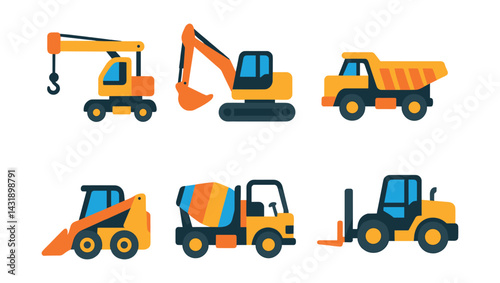 Flat vector icons of heavy construction vehicles: crane, excavator, bulldozer, dump truck, mini loader, cement mixer, forklift, road roller.