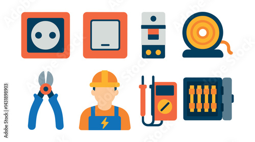 Flat vector icons of electrical installation: wall socket, light switch, circuit breaker, cable coil, wire cutter, electrician, multimeter, fuse box.