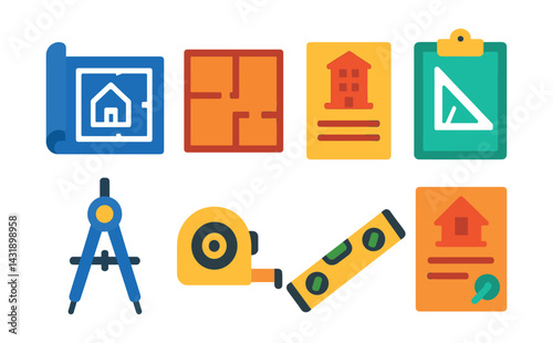 Flat vector icons of construction planning: blueprint, floor plan, building permit, technical drawing, compass tool, measuring tape, level ruler, construction contract.