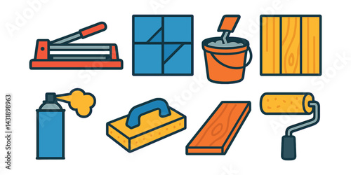 Flat vector icons of wall and floor finishing: tile cutter, floor tile, grout bucket, wall panel, insulation foam, sponge trowel, vinyl flooring, adhesive roller.
