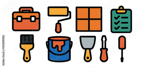 Flat vector icons of renovation and repair: toolbox, brush, roller, tile, paint can, putty, screwdriver, repair checklist.