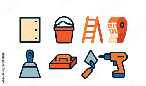 Flat vector icons of ceiling and drywall work: drywall panel, plaster bucket, joint tape, ladder, spatula, sanding block, corner trowel, power drill.