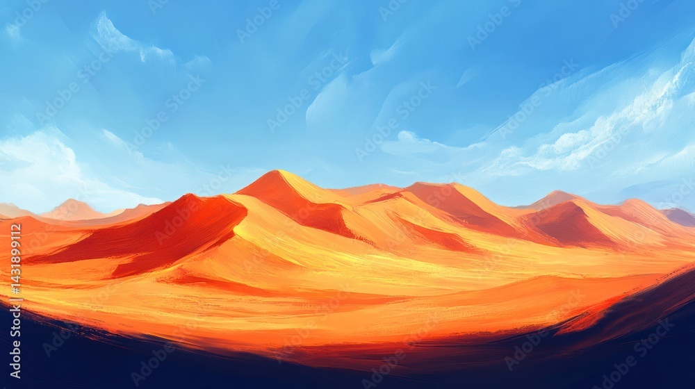 Naklejka premium Illustration shows desert landscape with sand dunes under a blue cloudy sky.