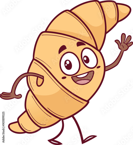Smiling Croissant's Cheerful Greeting: An adorable cartoon croissant, with a wide smile and cheerful waving gesture, embodying the delightful appeal of a baked treat.